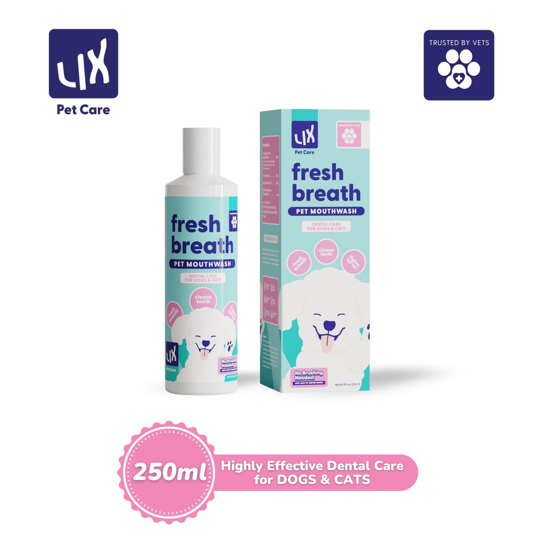 LIX Pet Care Fresh Breath Pet Mouthwash bottle and packaging for dogs and cats, 250mL, designed for clean teeth and fresh breath.