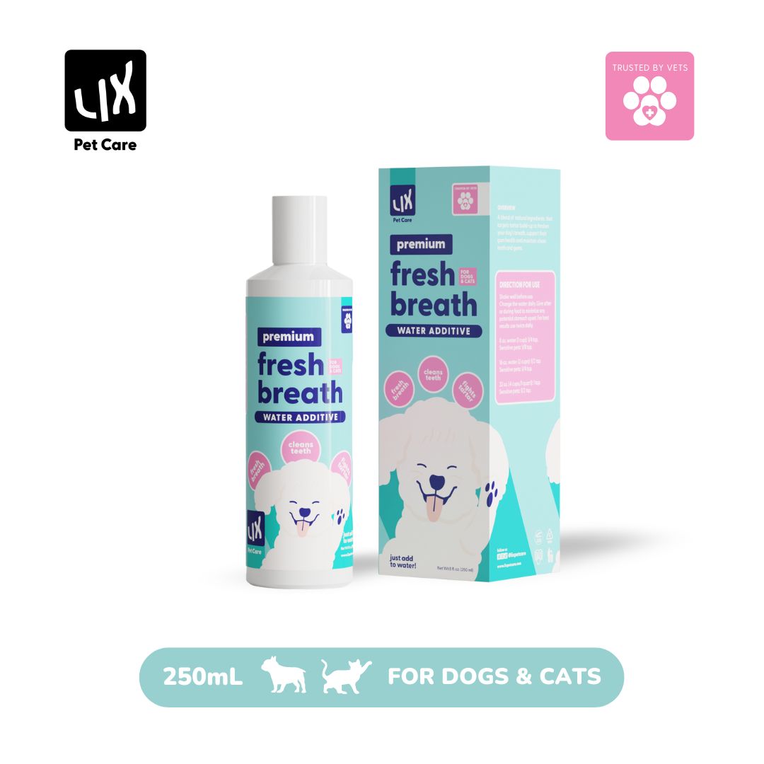 LIX Pet Care Fresh Breath Water Additive bottle and packaging for dogs and cats, 250mL, designed for clean teeth and fresh breath.