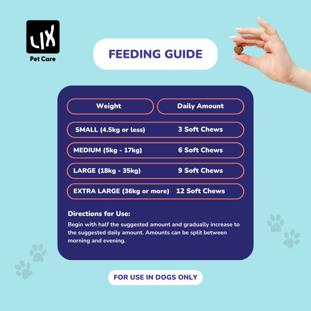 Feeding guide for LIX Pet Care Tear Stains Away soft chews showing dosage per weight for small to large dogs.