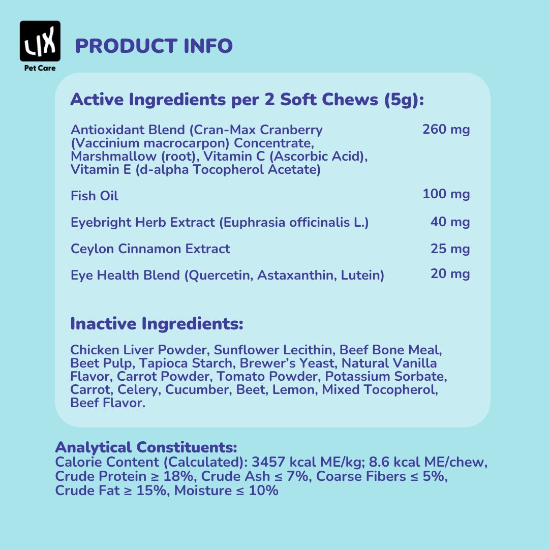 Ingredient list and nutritional facts of LIX Pet Care Tear Stains Away dog supplement with active and inactive components.