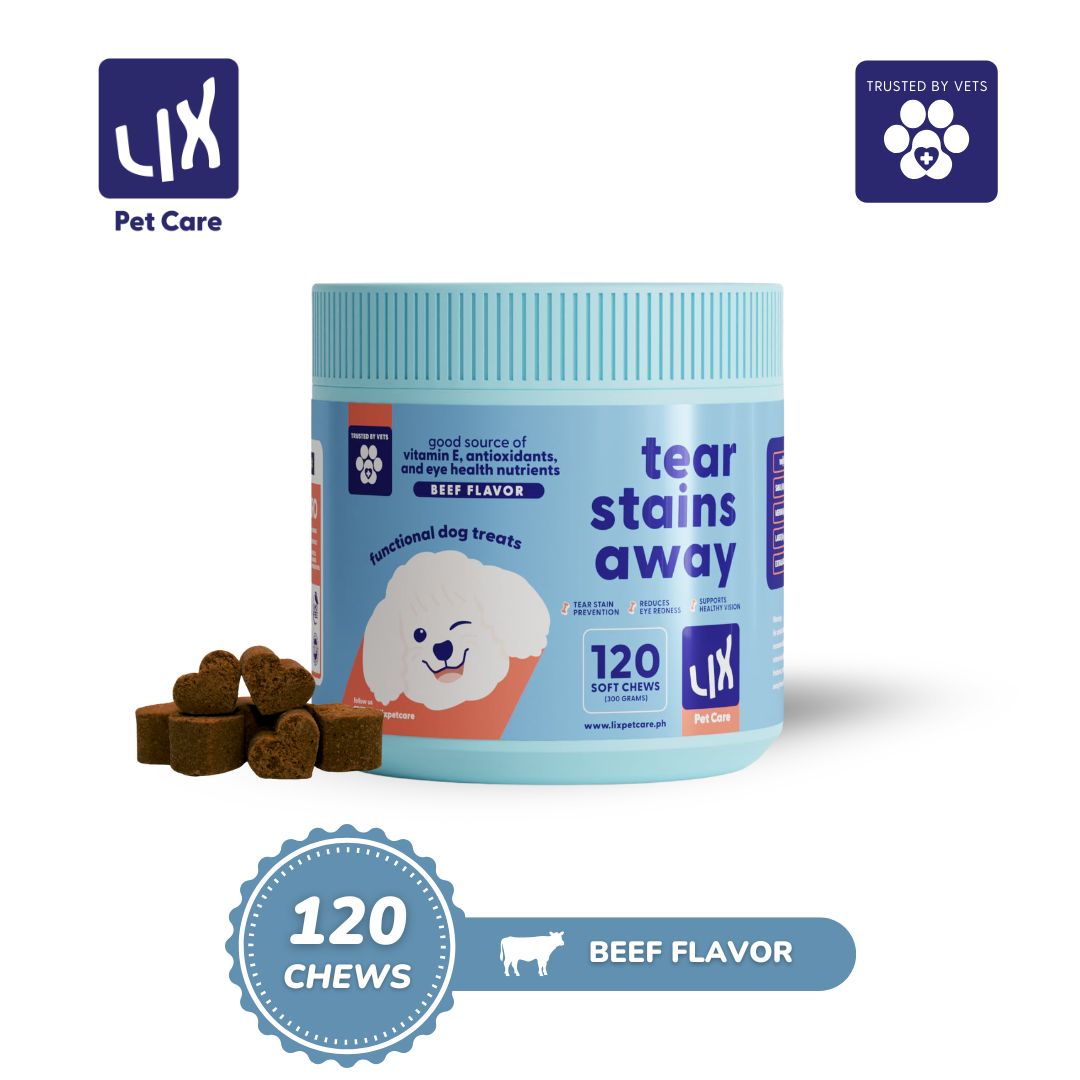 LIX Pet Care Tear Stains Away soft chews supplement for dogs, designed to reduce tear stains and support eye health.
