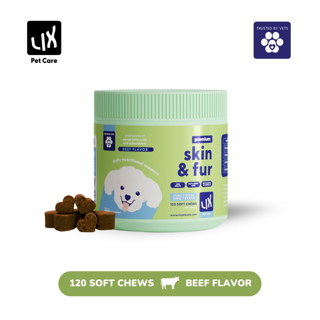 Product packaging of LIX Pet Care Skin & Fur Dog Treats featuring a green container and heart-shaped soft chews for healthy skin and coat.