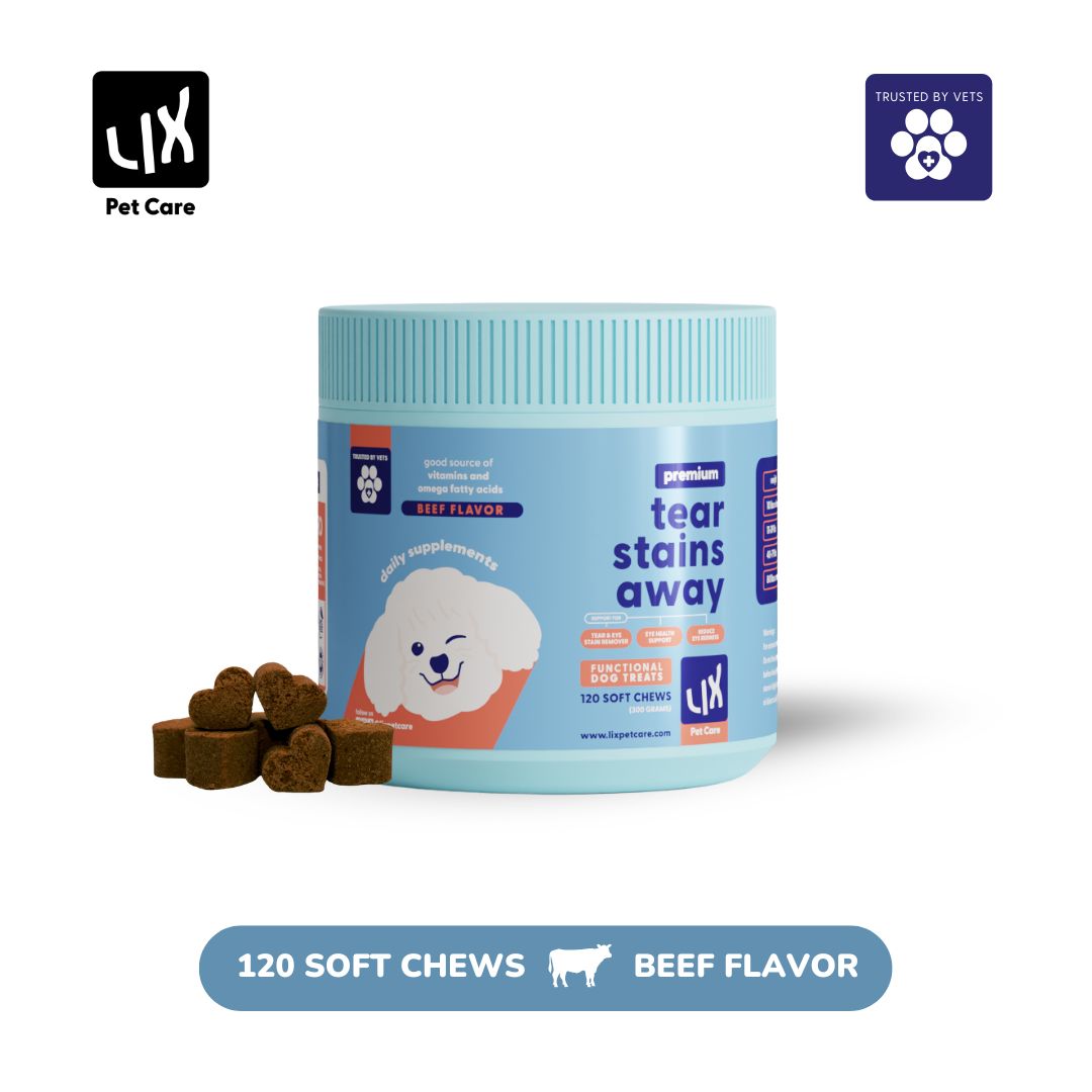 LIX Pet Care Tear Stains Away soft chews supplement for dogs, designed to reduce tear stains and support eye health.