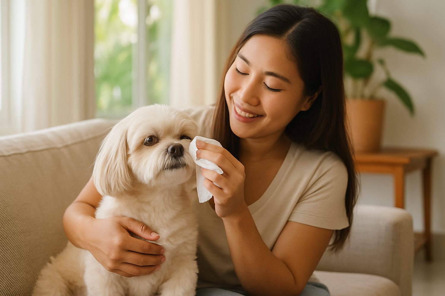 Filipino woman gently wiping tear stains from her small white dog’s face at home — tear stain removal routine for dogs in the Philippines
