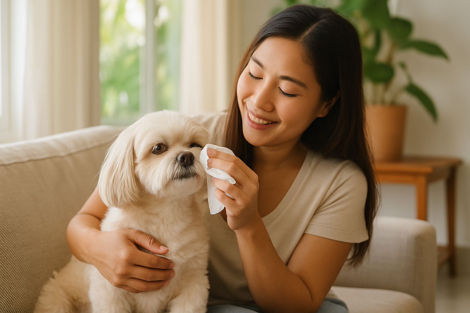 Filipino woman gently wiping tear stains from her small white dog’s face at home — tear stain removal routine for dogs in the Philippines