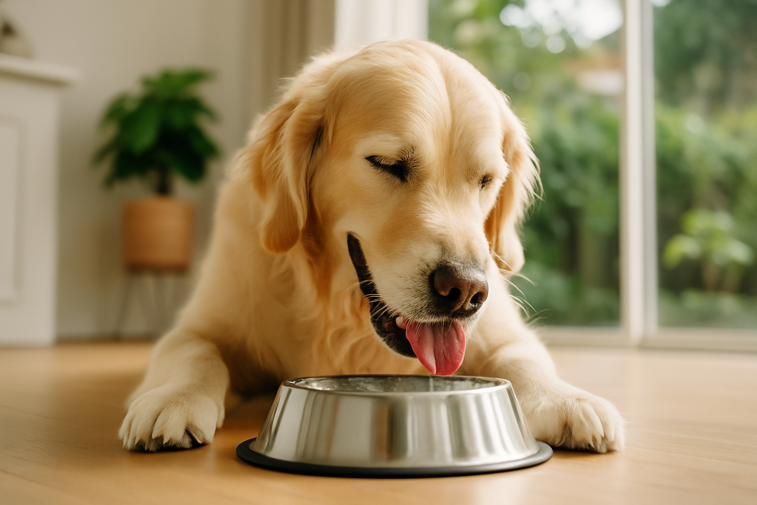 Golden Retriever drinking water from a stainless steel bowl at home — promoting dog hydration and oral health with dental water additive