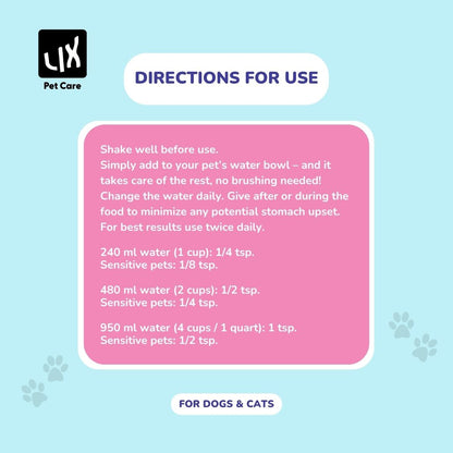 Dosage instructions and directions for using LIX Pet Care Fresh Breath Pet Mouthwash for dogs and cats, showing measurements by water volume.
