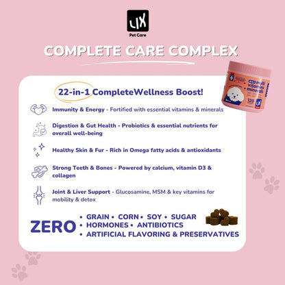 Infographic highlighting the health benefits of LIX Pet Care’s 22-in-1 Multivitamins + Minerals for dogs, including immunity, skin, bones, digestion, and joints.