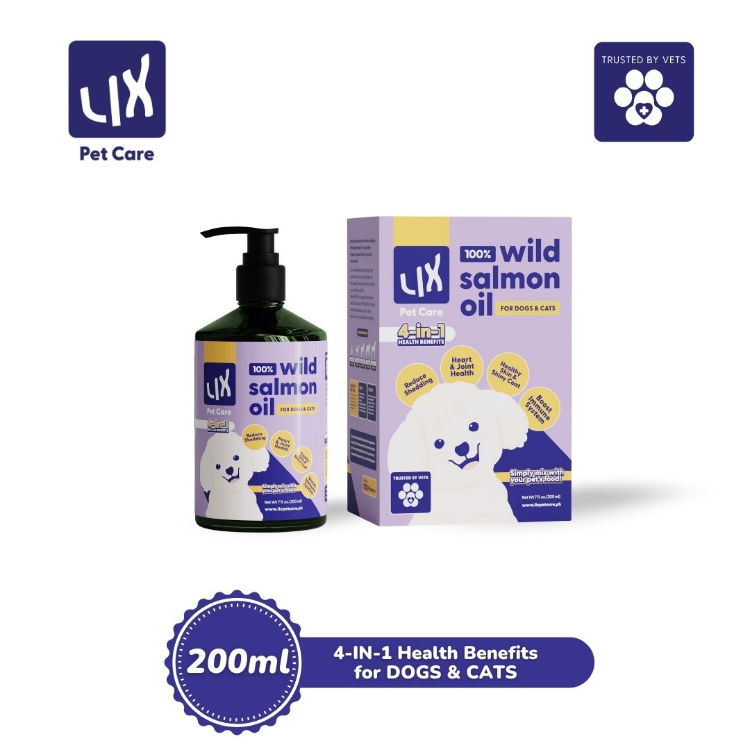 LIX Pet Care 100% Wild Salmon Oil for Dogs &amp; Cats – bottle and box packaging displayed on a white background. Highlights 4-in-1 benefits like Omega-3 benefits for heart, joints, skin, and coat health.

