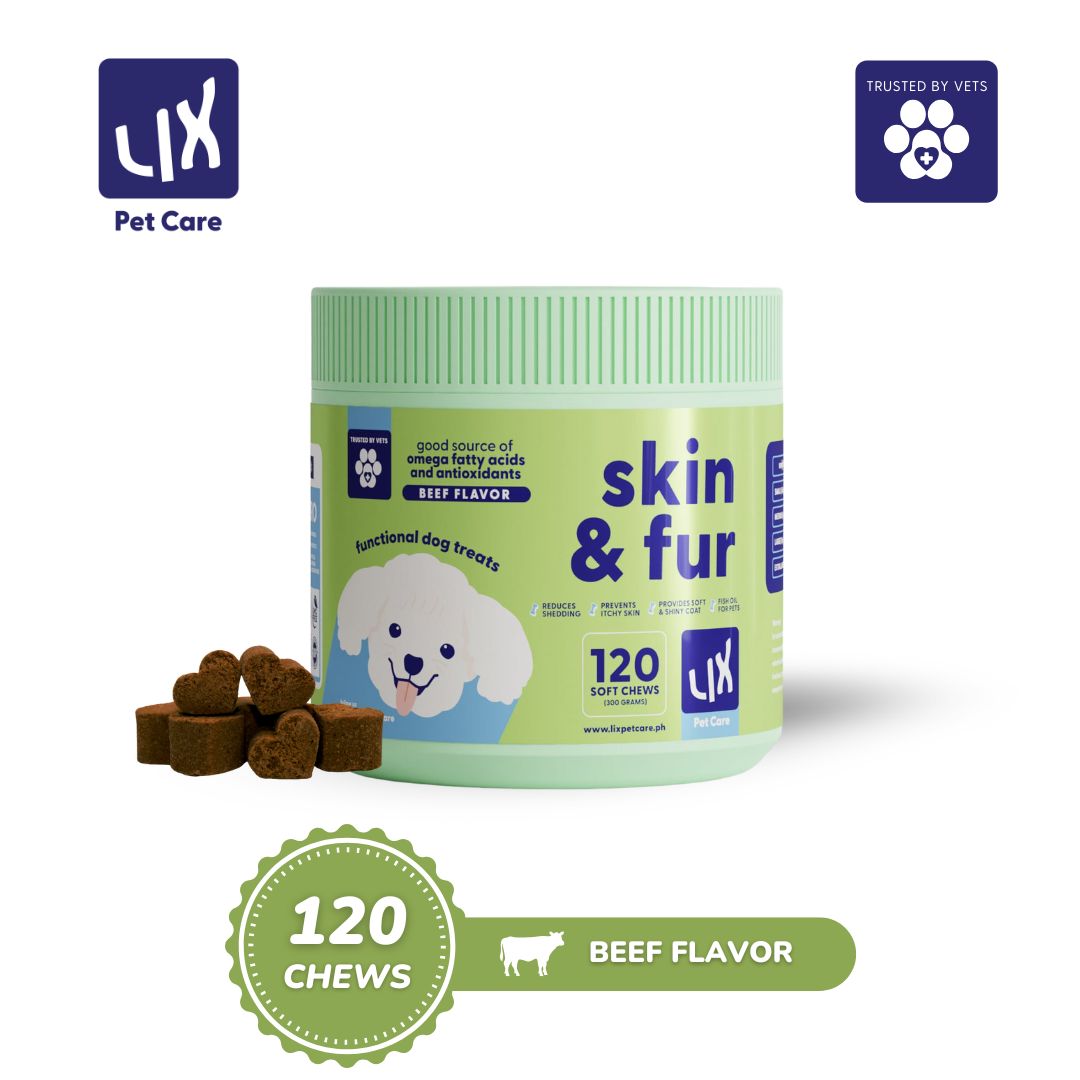Product packaging of LIX Pet Care Skin &amp; Fur Dog Treats featuring a green container and heart-shaped soft chews for healthy skin and shiny coat.
