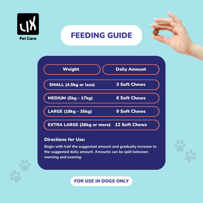 Feeding guide for LIX Pet Care Tear Stains Away soft chews showing dosage per weight for small to large dogs.
