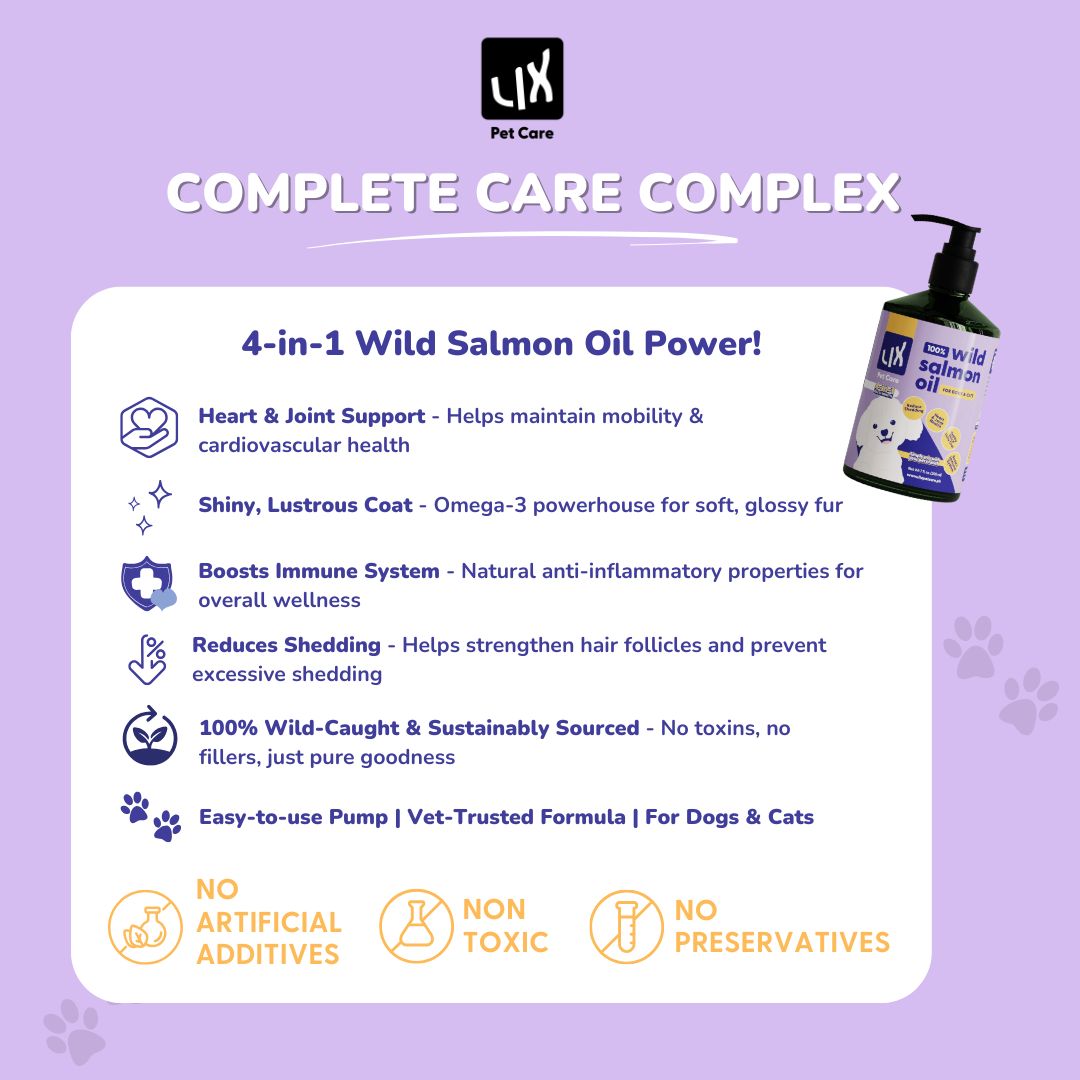 Infographic highlighting the benefits of LIX 100% Wild Salmon Oil for pets with 4-in-1 benefits, including heart and joint support, glossy coat, immune boost, and sustainably sourced ingredients. Icons and text presented in a clean purple layout.
