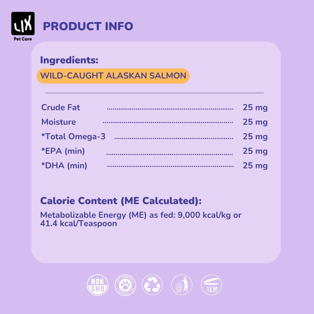 Product information graphic for LIX Pet Care 100% Wild Salmon Oil displaying key ingredients, guaranteed analysis, and calorie content. Emphasizes wild-caught Alaskan salmon as the main ingredient.