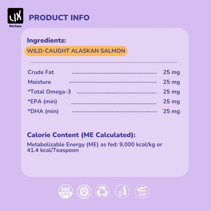 Product information graphic for LIX Pet Care 100% Wild Salmon Oil displaying key ingredients, guaranteed analysis, and calorie content. Emphasizes wild-caught Alaskan salmon as the main ingredient.