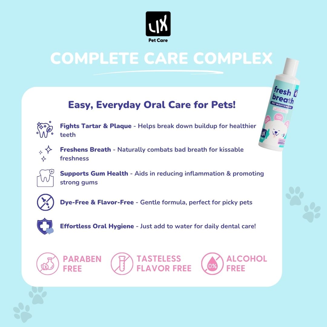 Infographic showing key benefits of LIX Pet Care Fresh Breath Pet Mouthwash, including tartar and plaque control, gum health support, and flavor-free formula.
