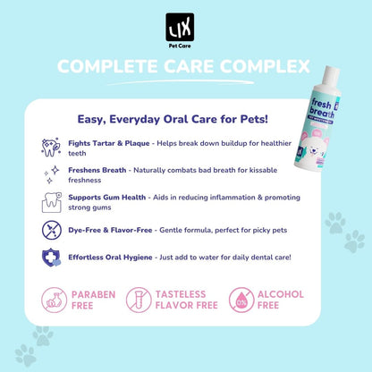 Infographic showing key benefits of LIX Pet Care Fresh Breath Pet Mouthwash, including tartar and plaque control, gum health support, and flavor-free formula.
